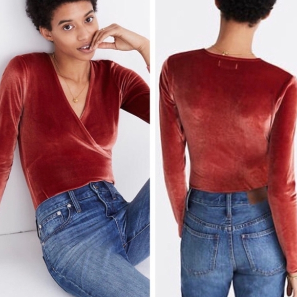 Madewell Tops - Madewell Velvet Body Suit Orange Wrap Size XS